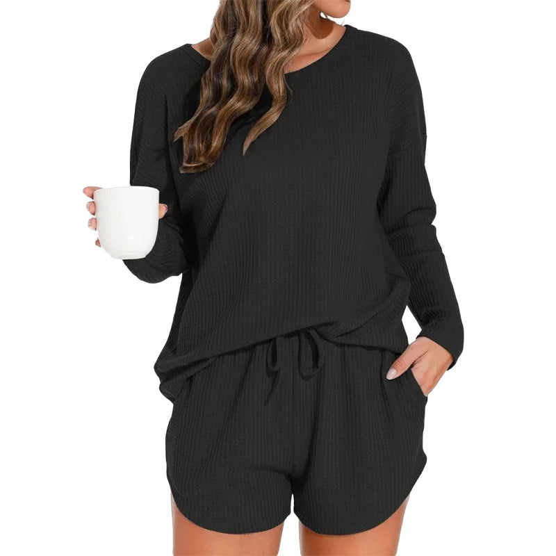 Women's Casual Home Wear Long Sleeved Shorts Set Outerwear Knitted Pajamas