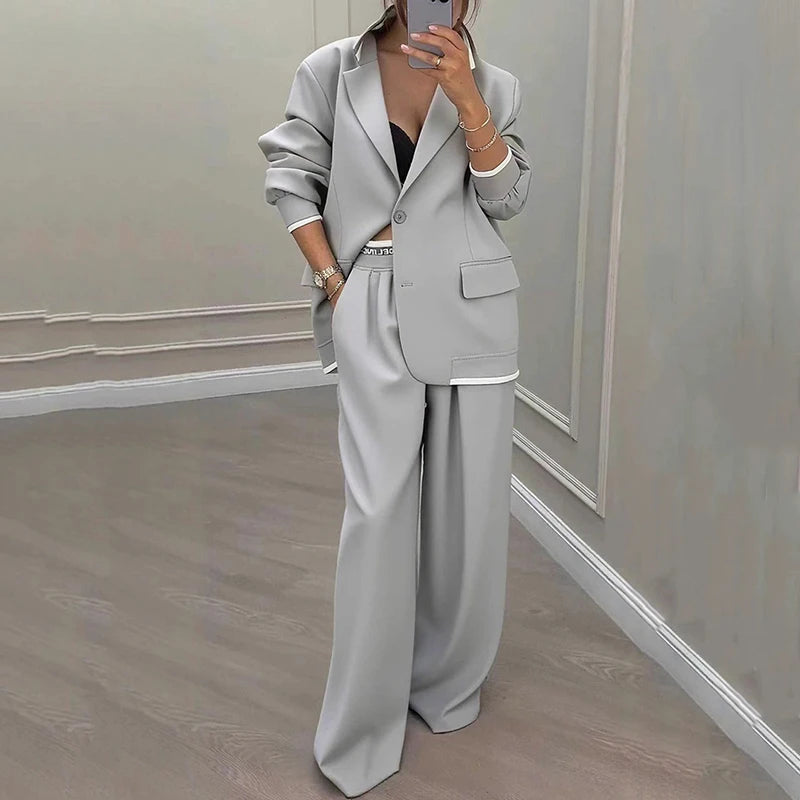 Casual Women's Suit Set Sexy Turn down Collar Button Blazer & Straight-leg Pants Set Winter Solid Long Sleeve Chic Outfit
