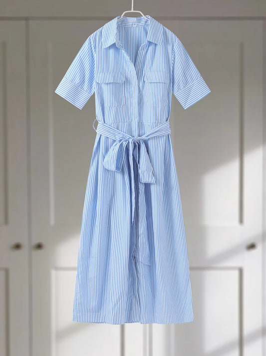 Casual Striped Women Summer Dress Lapel Single Breast Half Sleeve Slim Waist Long Dresses 2026 Autumn Lady Fashion Vacation Robe