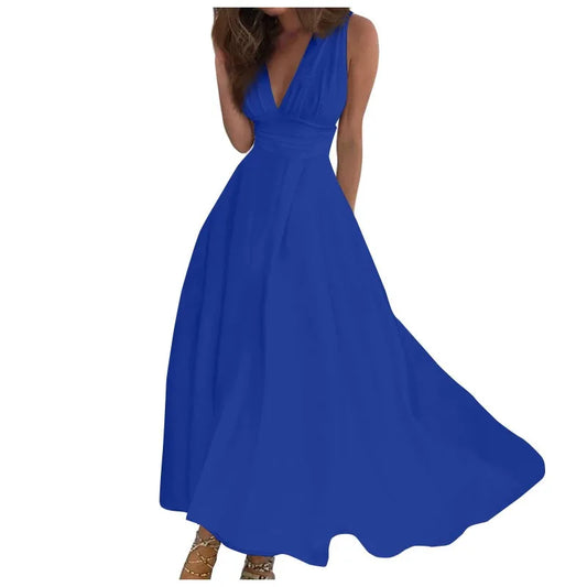 Fashion Casual Dresses Solid Color Sleeveless V Neck Side Zipper Style Long Dress Elegant Sundress