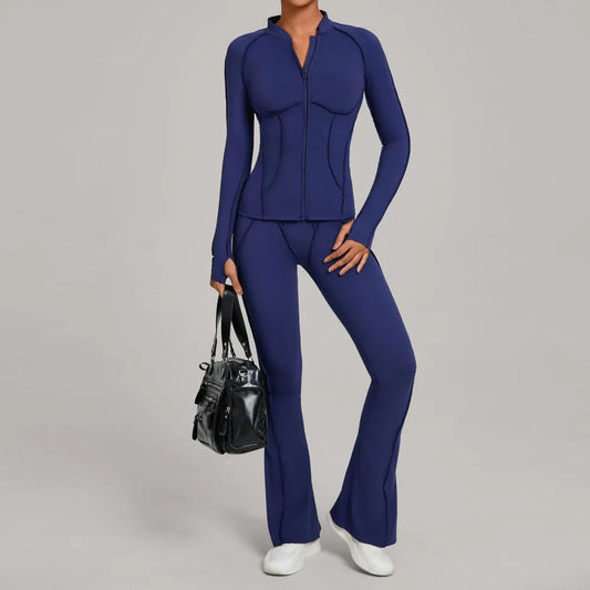 Gym Yoga Outfit Zipper Long Sleeve Fitness Suit Daily Casual Fitness Sportswear Two-Piece Sets