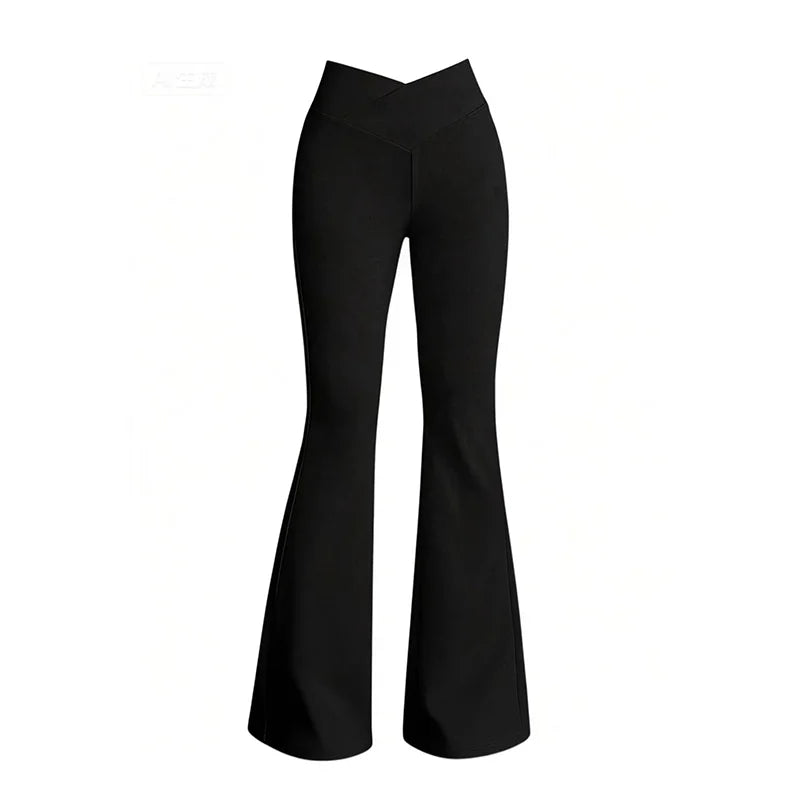 Women's elastic fitness pants, solid color high waist bell-bottoms with abdominal shaping design