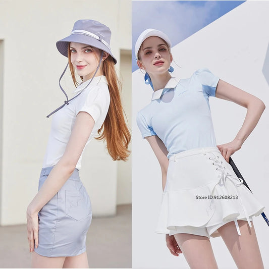 Short Sleeve Tops Golf T-shirts Quick-dry Breathable Shirts Lace Up Pleated Golf Skirt