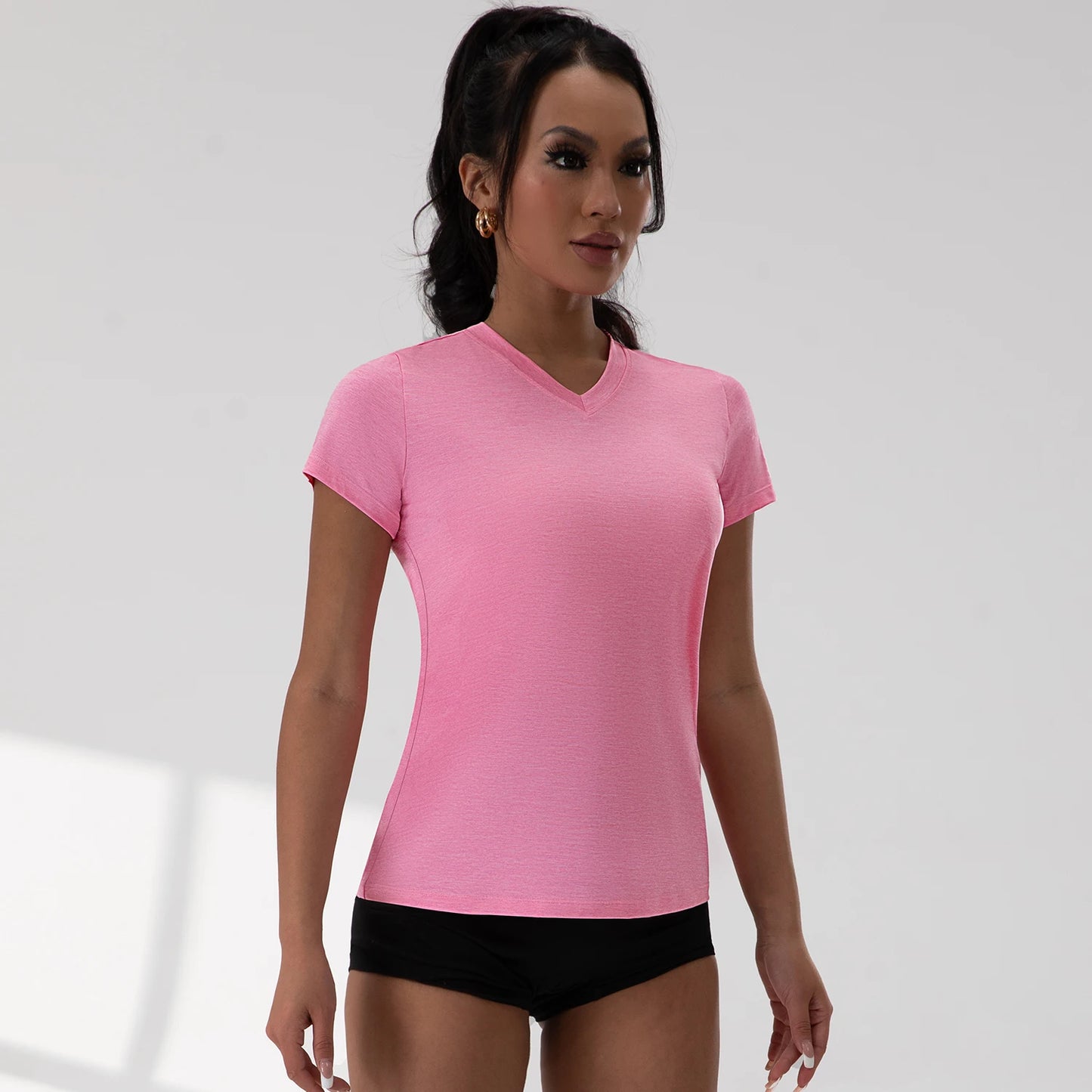 Yoga Shirts V-Neck Pleated Short Sleeve Sports Top Loose Solid Color Exercise Tee 5 Colors Gym Wear