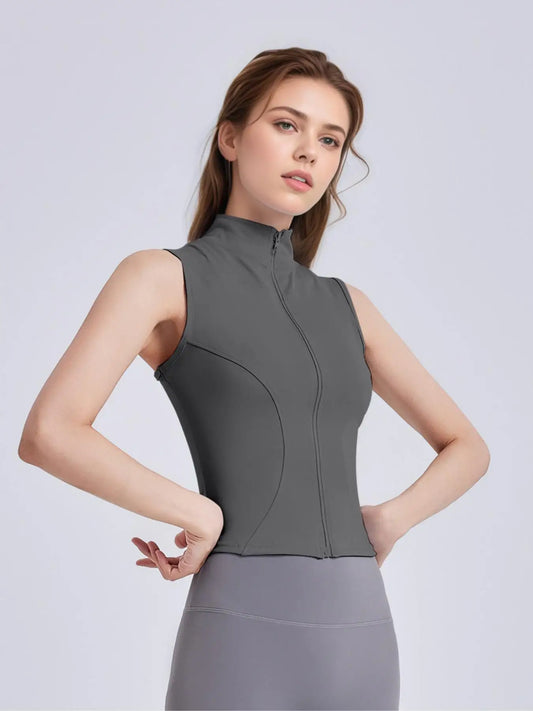 Solid Thumb Hole Design Sports Jacket, Sporty Zip Up Sleeveless Outerwear for Yoga Gym Workout,