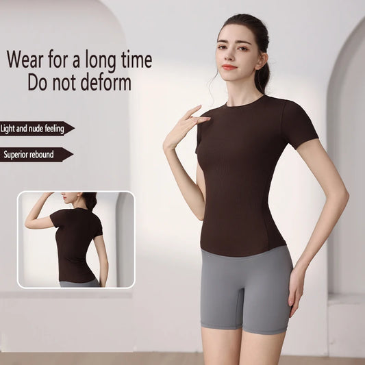 Women Yoga Tops Pilates Aerobic Clothes Tight Short Sleeve Workout Sport Fitness Gym T-shirt Slim Sportswear Blouse