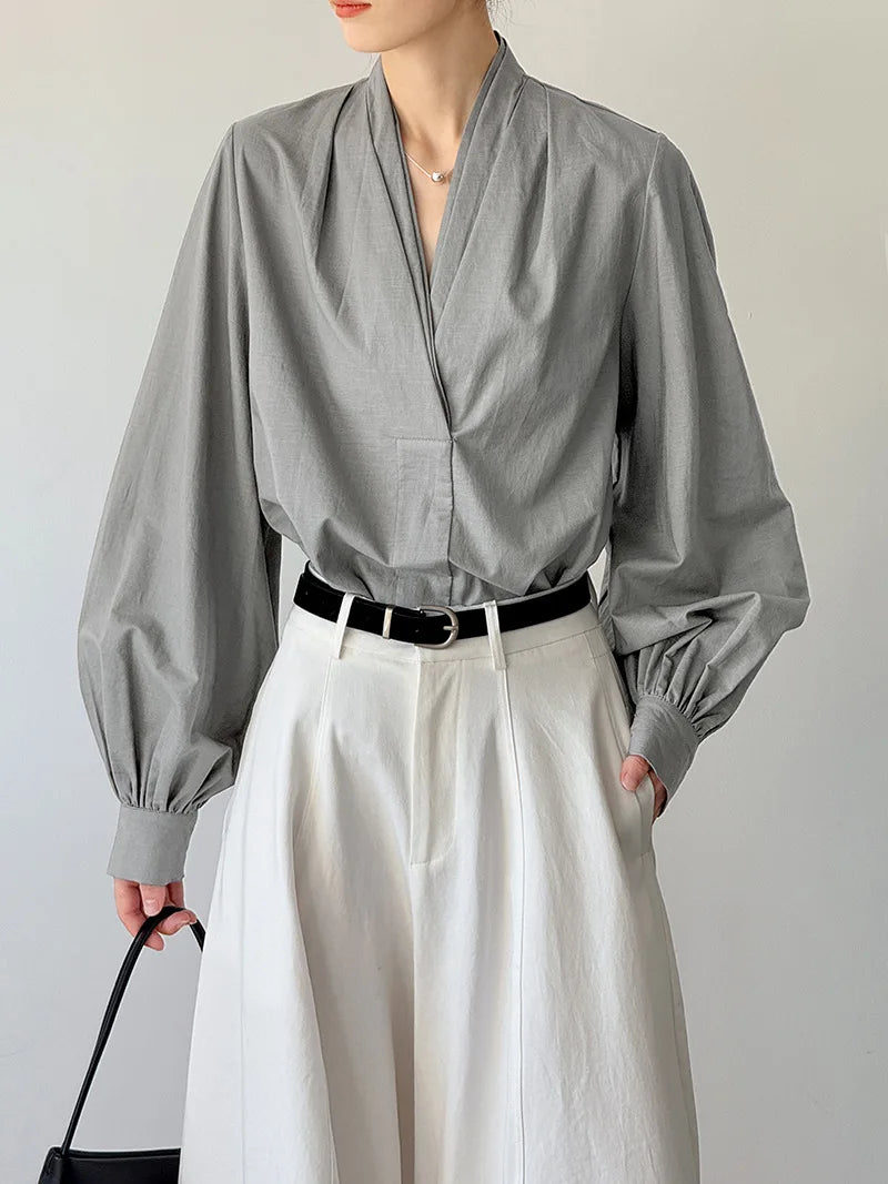 Women Casual Blouses V-Neck Puff Sleeve Office Blouses Fashion Shirts
