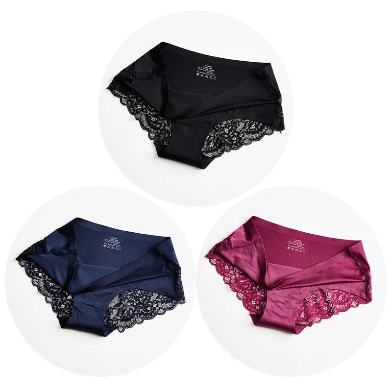 3PCS/Set Women's Panties Exquisite Lace Underwear Silk Satin Briefs Soft Cozy