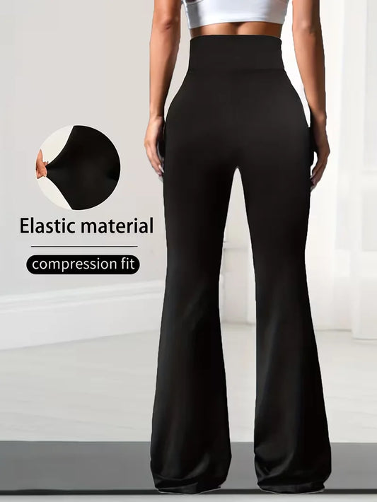 Women's elastic fitness pants, solid color high waist bell-bottoms with abdominal shaping design