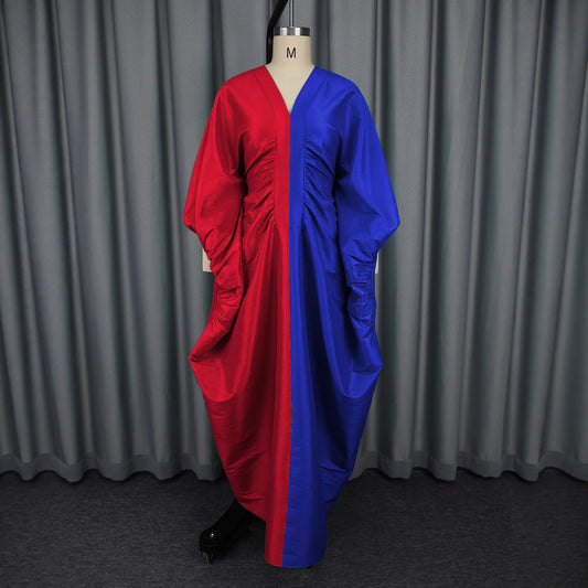 casual dresses loose V-neck long sleeved elegant party evening dresses pleated waist