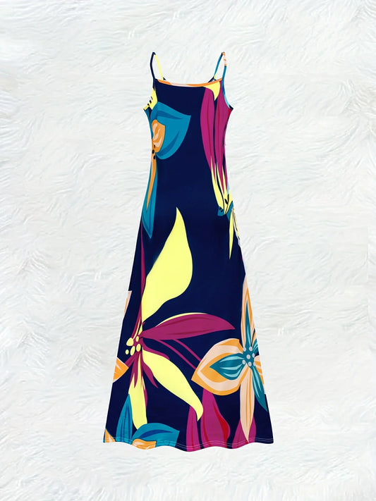 Casual Women Dress with Blue Yellow Gray Geometric Print A-Line Sleeveless Vest Dress Round Neck Summer Vacation Outfit