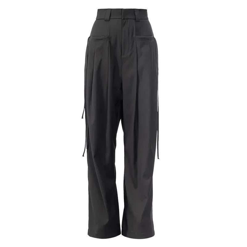 Casual Trousers New Strap Design High-waisted Slimming Loose Floor-like Wide-leg Pants