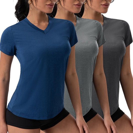 Yoga Shirts V-Neck Pleated Short Sleeve Sports Top Loose Solid Color Exercise Tee 5 Colors Gym Wear