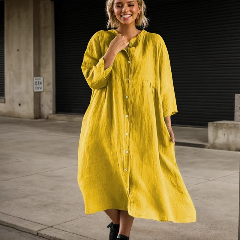 Casual Dress Long Sleeve Button O-neck Loose Solid Fashion Elegant Dress