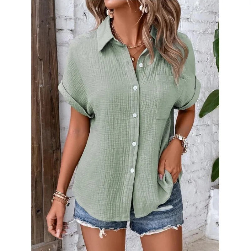 Women Casual Cotton Blouse Vintage Short Sleeve Slim Shirt Elegant Turn Down Collar Solid Tunics Streetwear