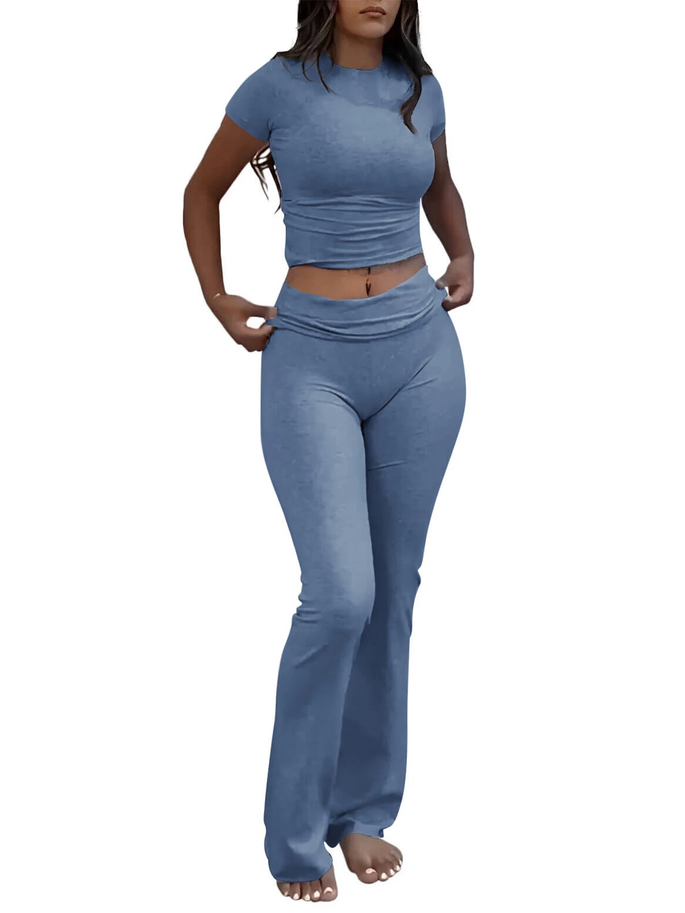 Casual Workout Two Piece Outfits Short Sleeve Crop High Waist Foldover Flare Pants Streetwear
