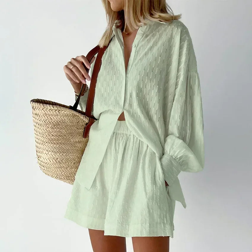 Casual Loose Women Short Two Piece Set Suit Fashion Blouse Long Sleeve Shirt Lady Simple Style Shorts Streetwear Blouse Tops