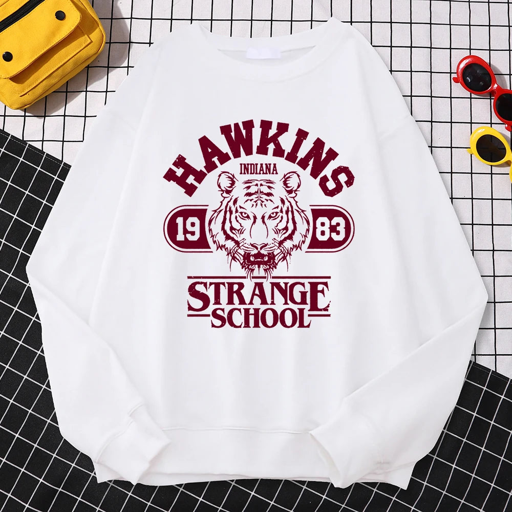 Casual Womens Sweatshirt Hawkins High School Indiana 1983 Printing Hoodies Loose Crewneck Pullovers Warm Fleece