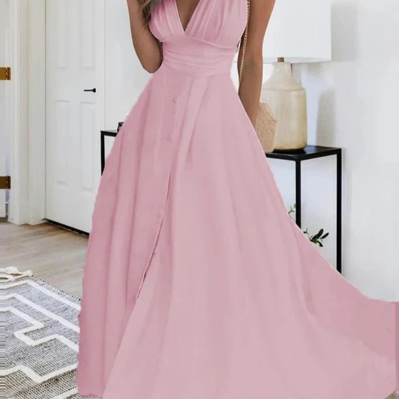 Fashion Casual Dresses Solid Color Sleeveless V Neck Side Zipper Style Long Dress Elegant Sundress