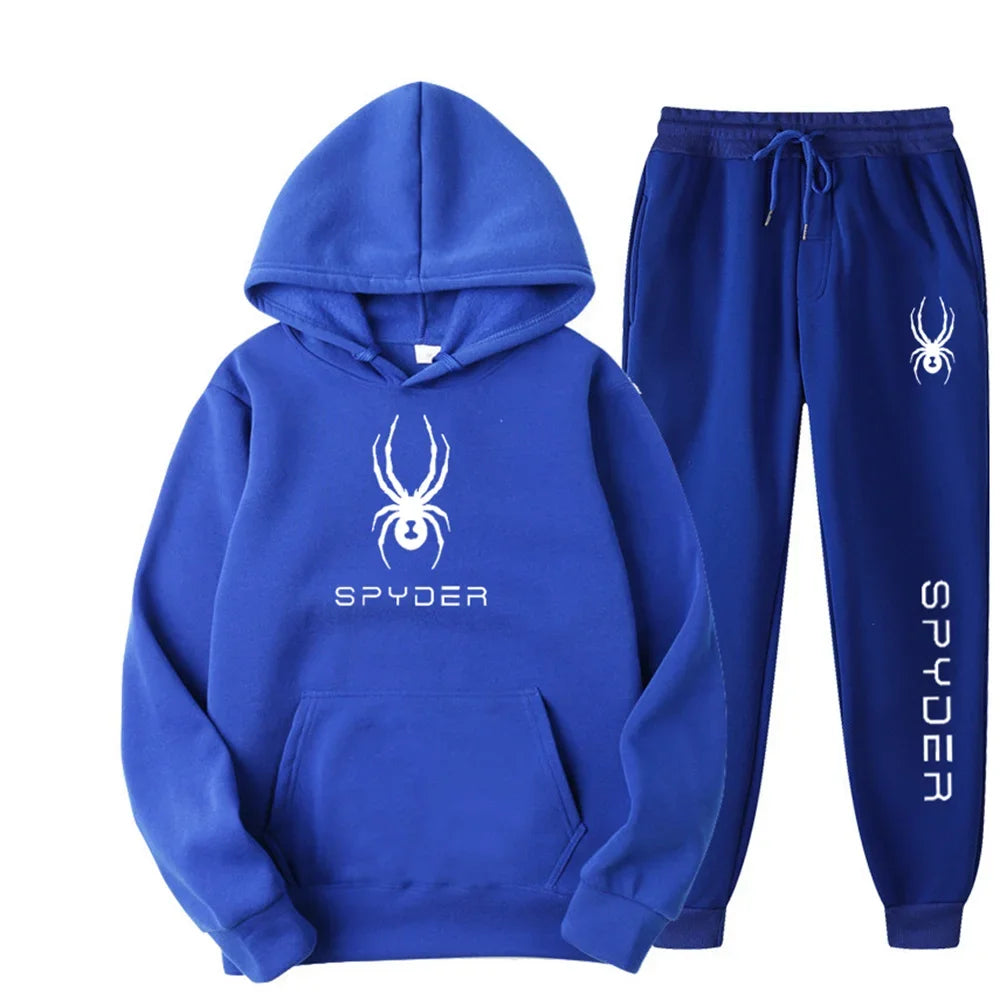 .A casual sports outfit consisting of a long-sleeved hooded t-shirt and elastic-waist pants.