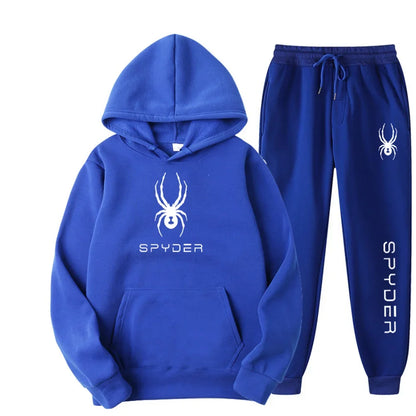 .A casual sports outfit consisting of a long-sleeved hooded t-shirt and elastic-waist pants.