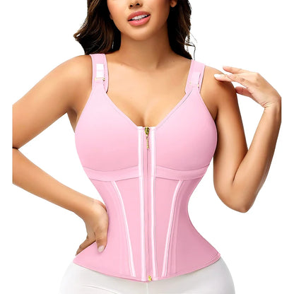Double Compression Vest Bra Waist Trainer Corset with 17 Steel Bone Flat Belly Strap Slim Body Shaper