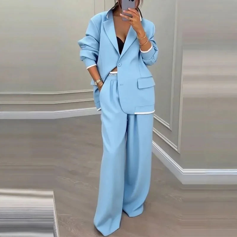 Casual Women's Suit Set  Sexy Turn down Collar Button Blazer & Straight-leg Pants Set Winter Solid Long Sleeve Chic Outfit