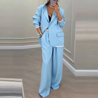 Casual Women's Suit Set  Sexy Turn down Collar Button Blazer & Straight-leg Pants Set Winter Solid Long Sleeve Chic Outfit