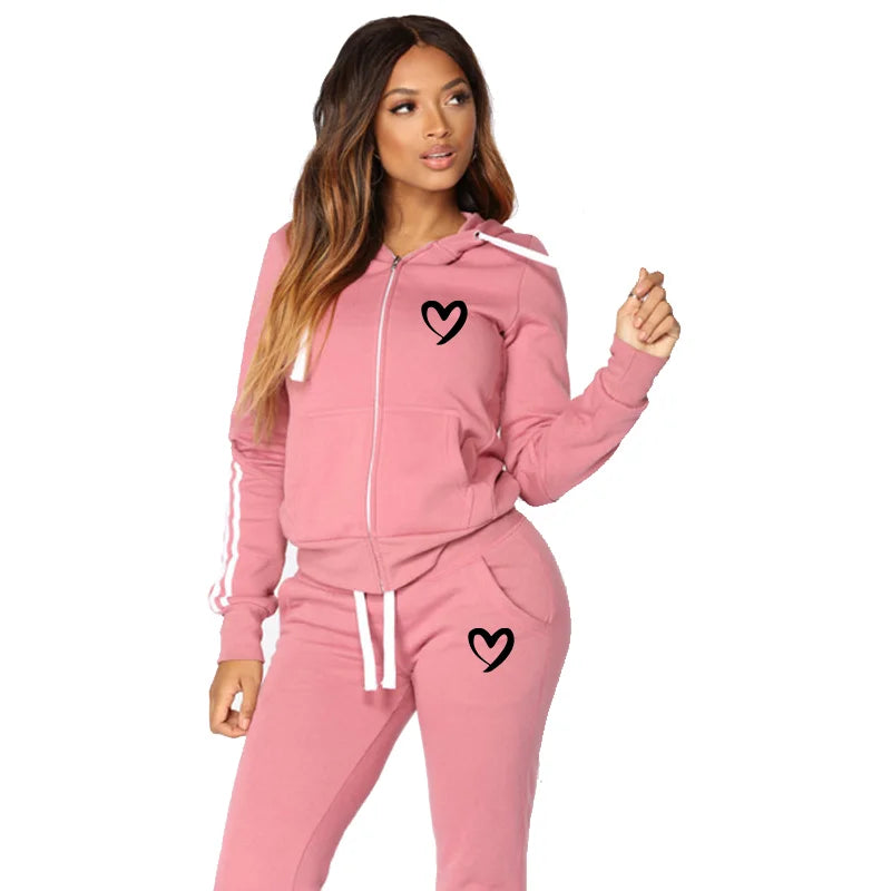 Fashion Women Hooded Jacket Casual Zipper Hoodies and Trousers  Two Piece Suits