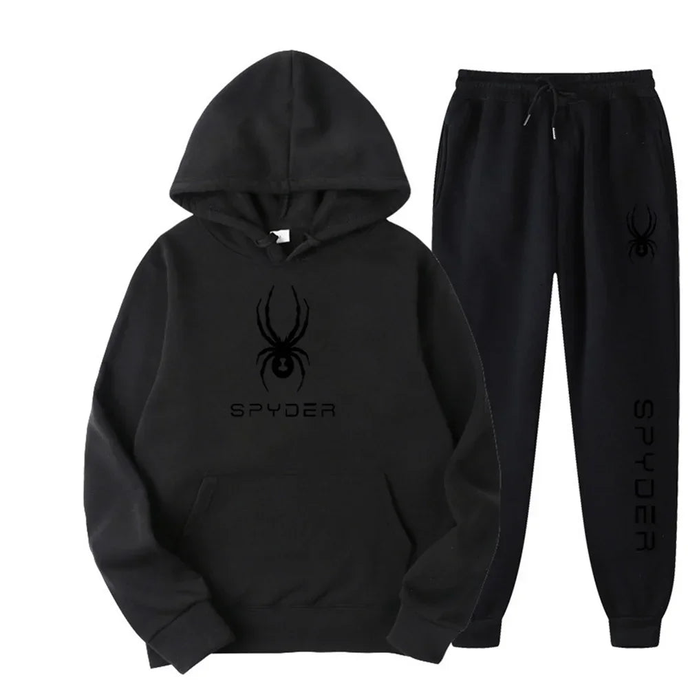 .A casual sports outfit consisting of a long-sleeved hooded t-shirt and elastic-waist pants.