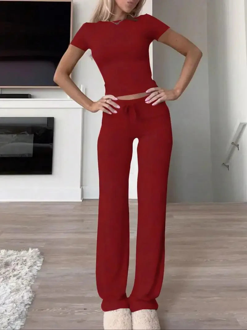 Women's Casual Lounge Set - Short Sleeve Top & Pants Two Piece, Home Wear Yoga Outfit