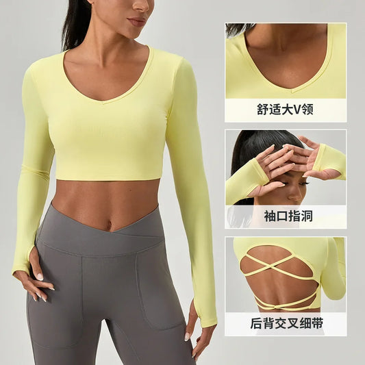 Yoga Wear Tight Long-sleeved Shirt with Chest Pads Crossed Beautiful Back Sports Top Quick-drying  Fitness Wear