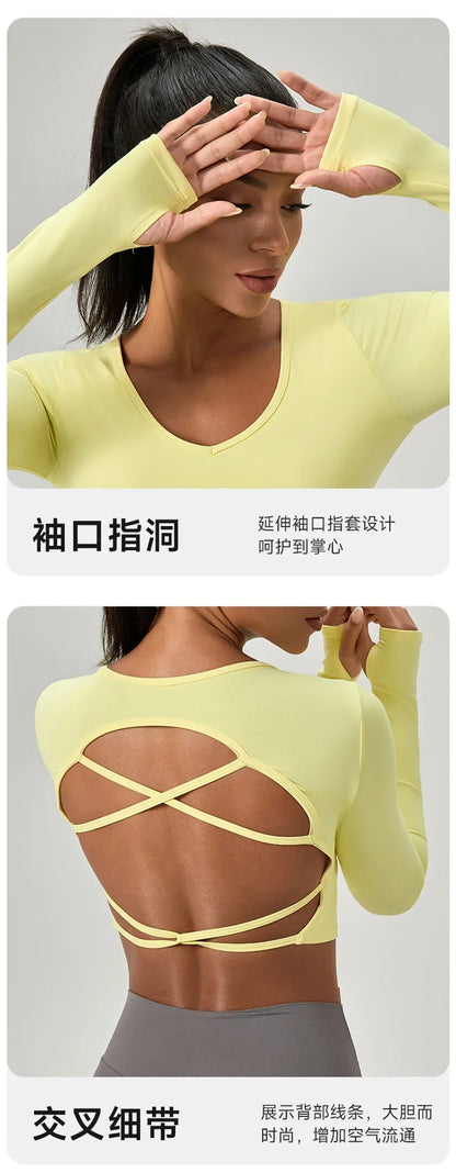 Yoga Wear Tight Long-sleeved Shirt with Chest Pads Crossed Beautiful Back Sports Top Quick-drying  Fitness Wear