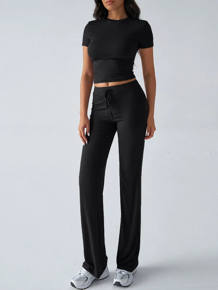 Women's Casual Lounge Set - Short Sleeve Top & Pants Two Piece, Home Wear Yoga Outfit