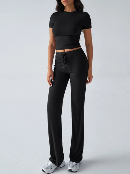 Women's Casual Lounge Set - Short Sleeve Top & Pants Two Piece, Home Wear Yoga Outfit