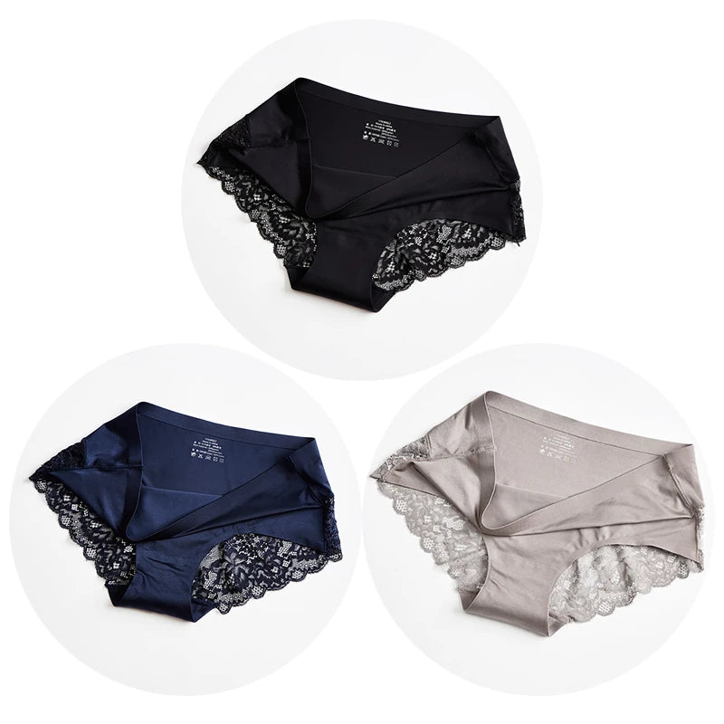 3PCS/Set Women's Panties Exquisite Lace Underwear Silk Satin Briefs Soft Cozy