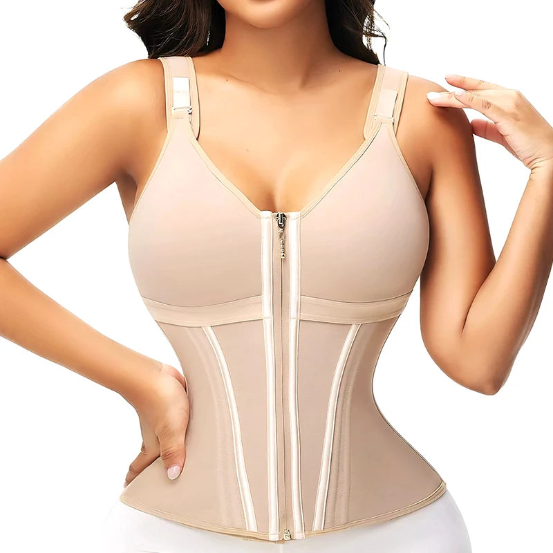 Double Compression Vest Bra Waist Trainer Corset with 17 Steel Bone Flat Belly Strap Slim Body Shaper