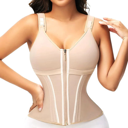 Double Compression Vest Bra Waist Trainer Corset with 17 Steel Bone Flat Belly Strap Slim Body Shaper