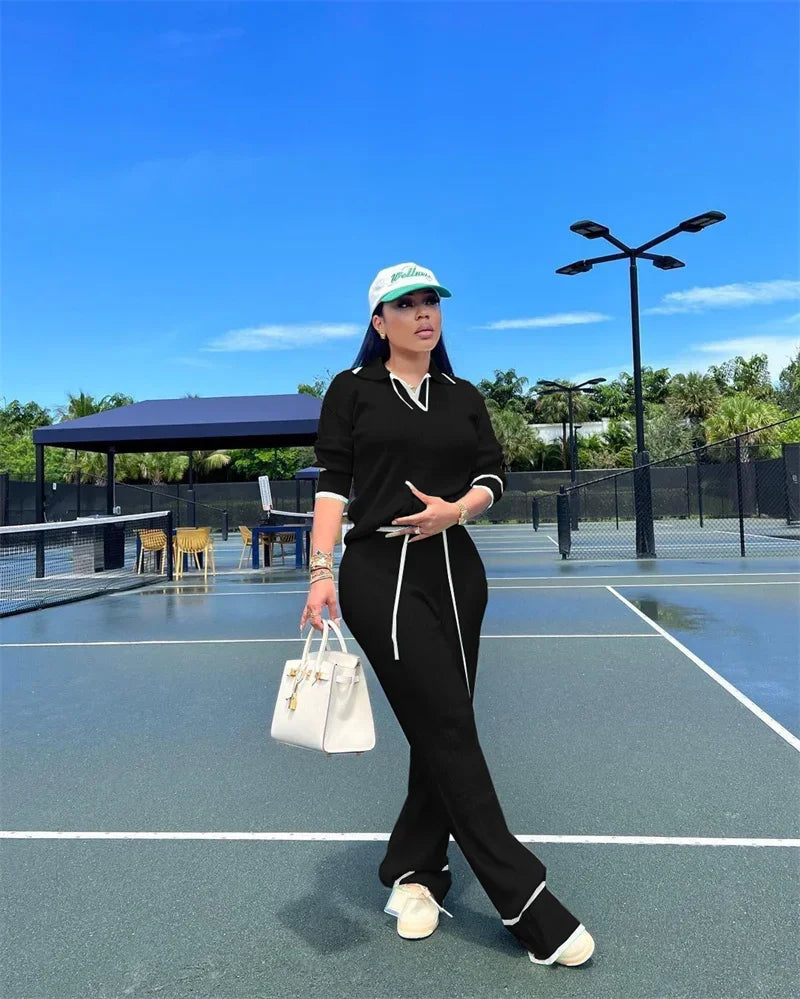 Active Wear Knitted Casual Tracksuit for Women Two Piece Set Sporty Fitness Striped Sweater Top and Wide Leg Pants Jogging Femme