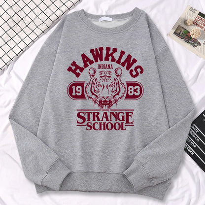 Casual Womens Sweatshirt Hawkins High School Indiana 1983 Printing Hoodies Loose Crewneck Pullovers Warm Fleece