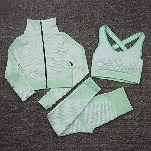 3PC Seamless Gym Clothing Workout Outfit with Jacket Bra & Leggings Set Yoga Suit for Sports Fitness