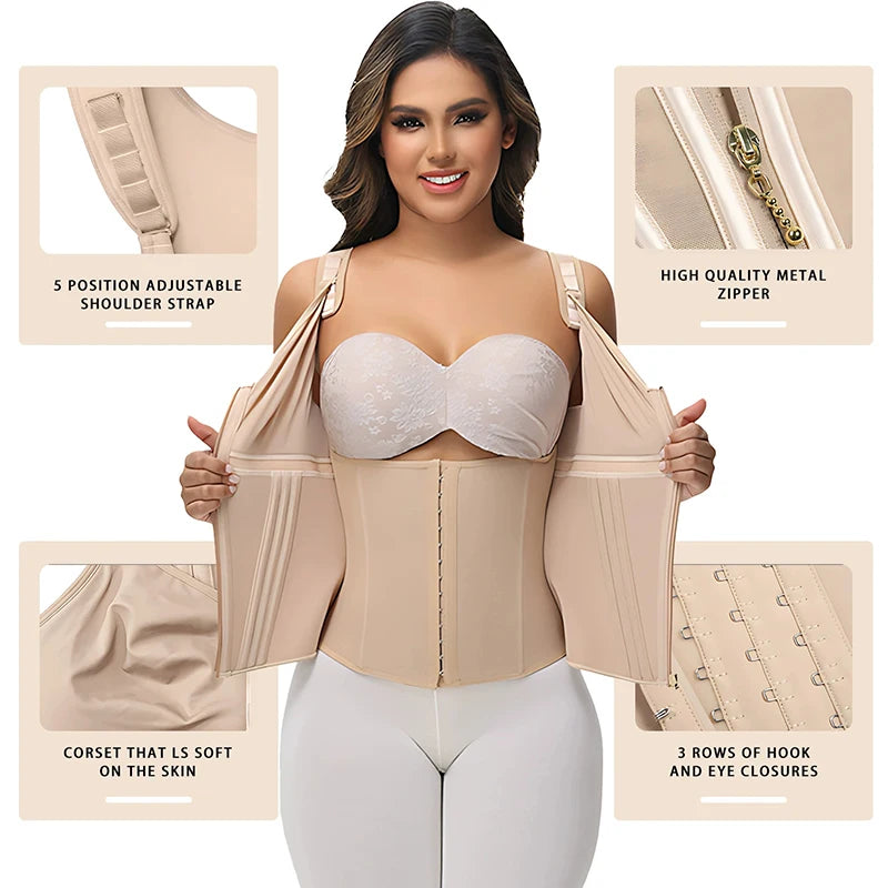 Double Compression Vest Bra Waist Trainer Corset with 17 Steel Bone Flat Belly Strap Slim Body Shaper