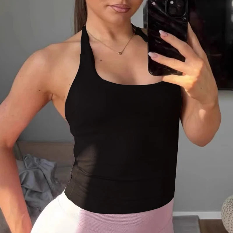 Strappy Workout Tank Top Padded Sports Bra Backless Yoga Shirts Seamless Gym Crop Top Halter