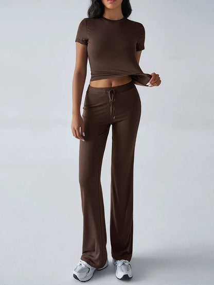 Women's Casual Lounge Set - Short Sleeve Top & Pants Two Piece, Home Wear Yoga Outfit