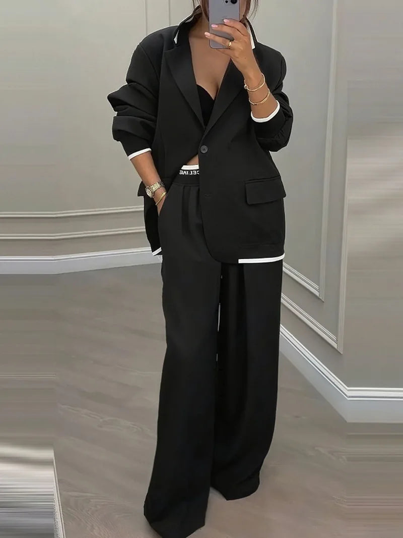 Casual Women's Suit Set  Sexy Turn down Collar Button Blazer & Straight-leg Pants Set Winter Solid Long Sleeve Chic Outfit