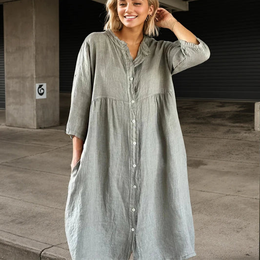 Casual Dress Long Sleeve Button O-neck Loose Solid Fashion Elegant Dress