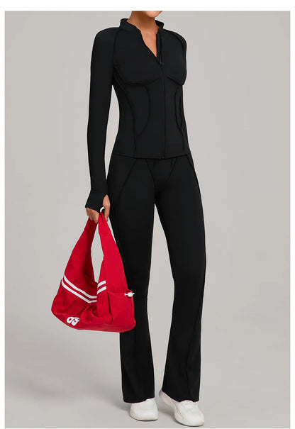 Gym Yoga Outfit Zipper Long Sleeve Fitness Suit Daily Casual Fitness Sportswear Two-Piece Sets