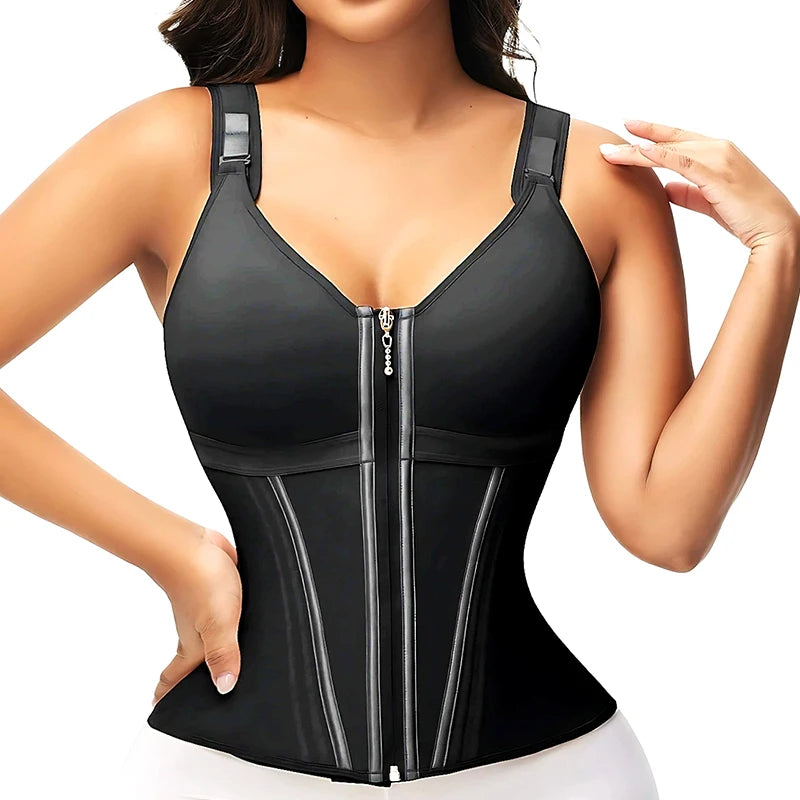 Double Compression Vest Bra Waist Trainer Corset with 17 Steel Bone Flat Belly Strap Slim Body Shaper