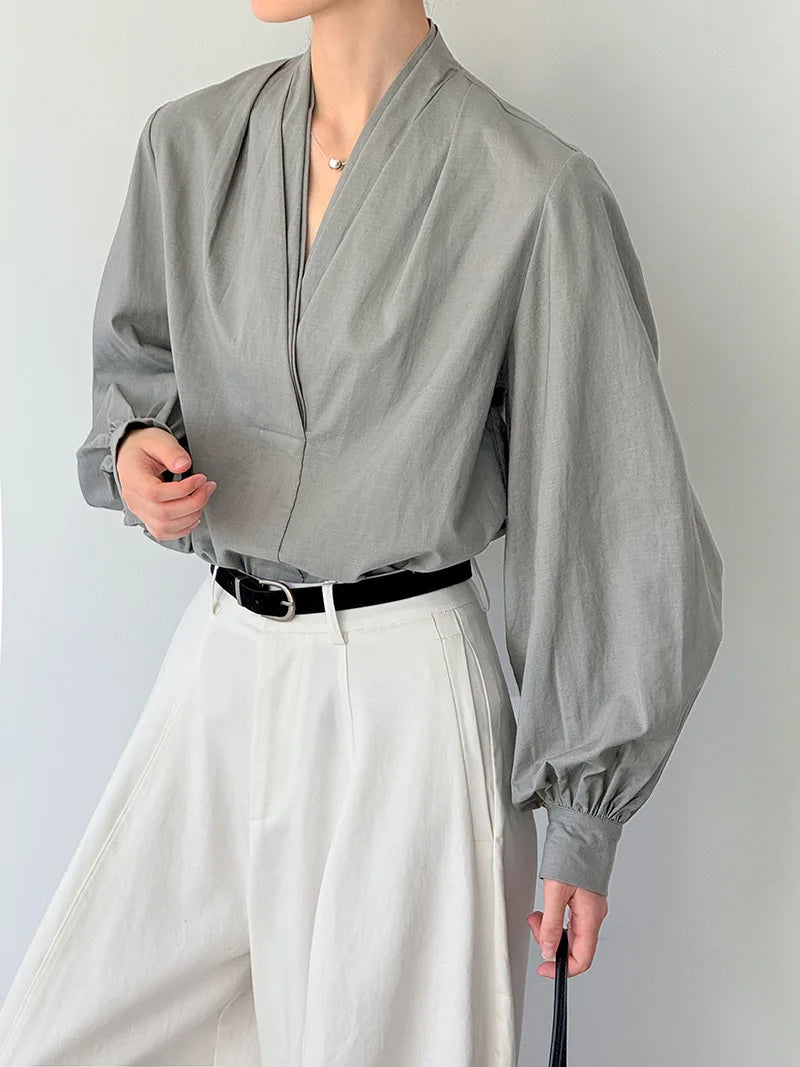 Women Casual Blouses V-Neck Puff Sleeve Office Blouses Fashion Shirts