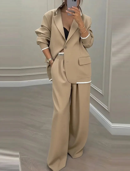 Casual Women's Suit Set  Sexy Turn down Collar Button Blazer & Straight-leg Pants Set Winter Solid Long Sleeve Chic Outfit